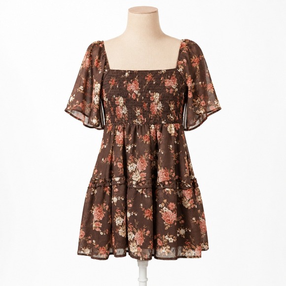 Faded Rose Dresses & Skirts - Floral Tiered Smocked Mini Dress Size M Brown Pink Cottagecore Romantic Fairy